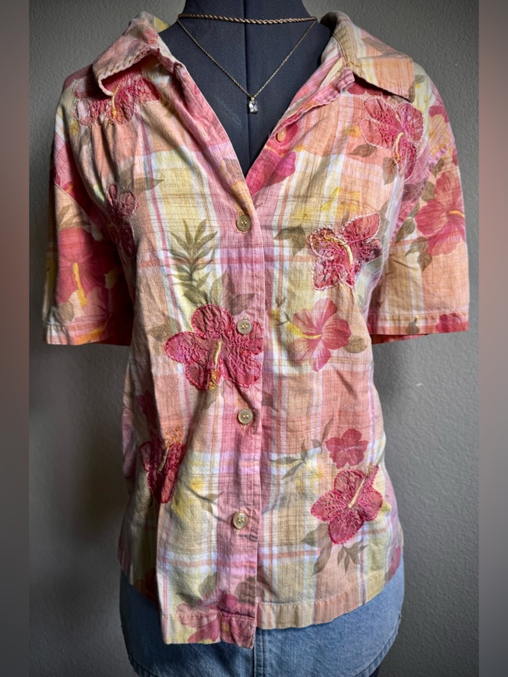 Vintage Plaid Embroidered Beaded Hibiscus Button Down Shirt XL L